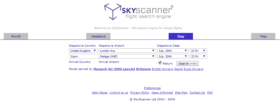 Skyscanner interface 2004