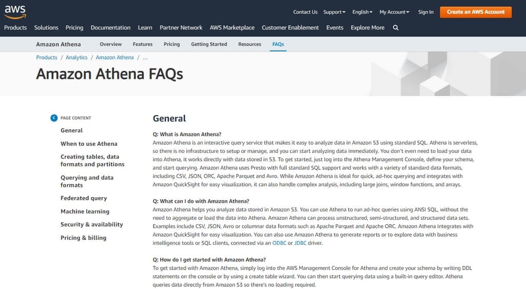 Amazon Athena FAQ webpage