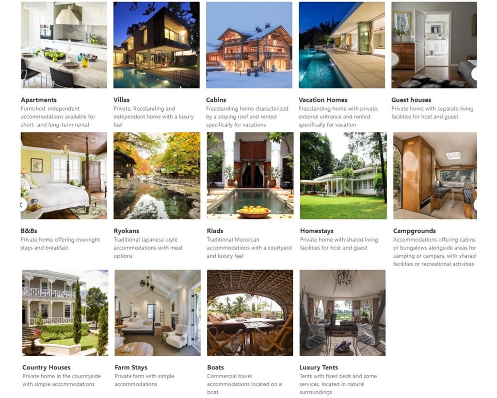 Property types that can be listed on Booking.com