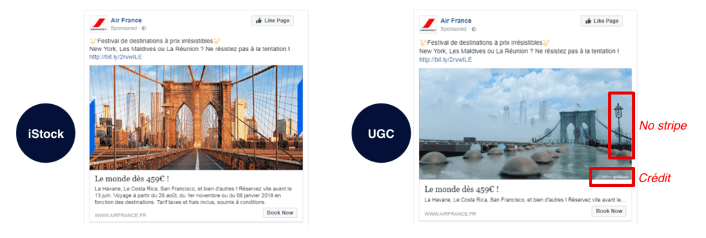 Side-by-side comparison of user-generated images used by Nosto for Air France's Facebook ads