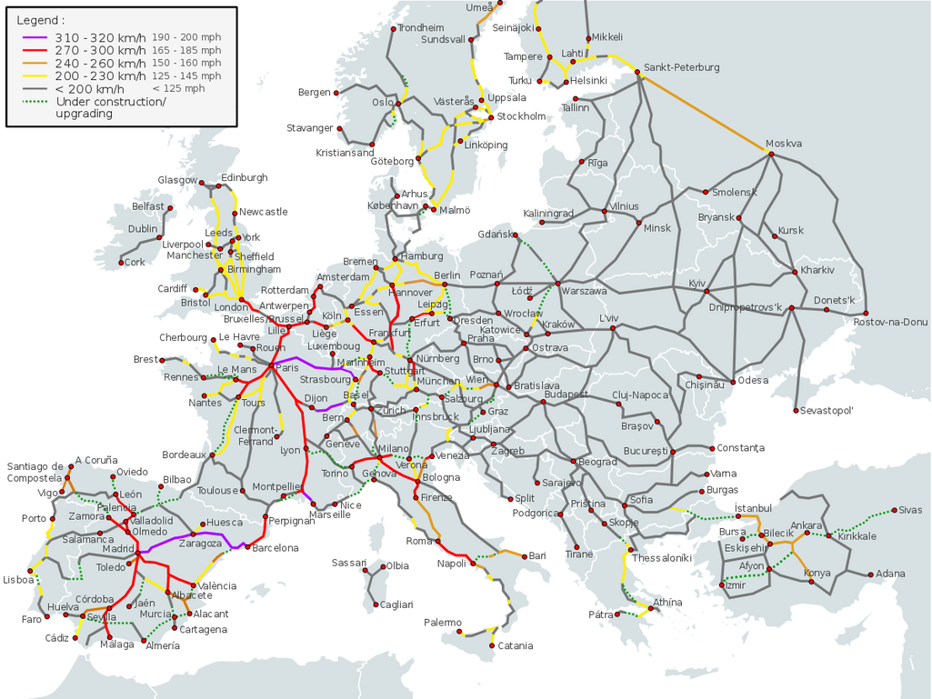 High-Speed Railroad Map of Europe 2016 by Jklamo, CC BY-SA 3.0. No changes to the image were made