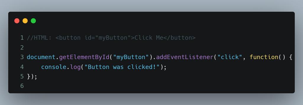 JavaScript code adds an event listener to a button when its clicked