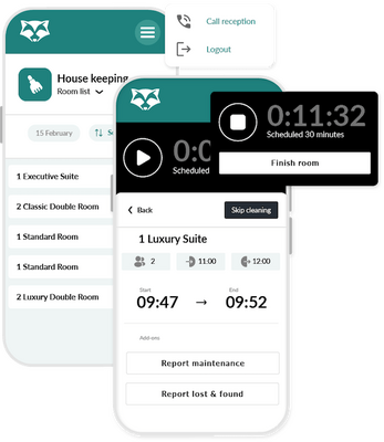 Timer tracking the progress of a housekeeping task via RoomRaccoon’s mobile app