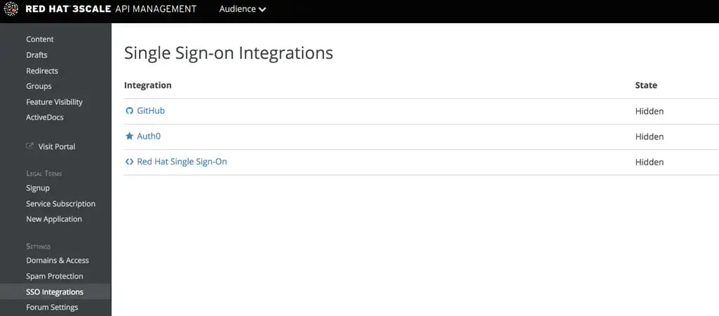 Sign-on options from Red Hat API management 