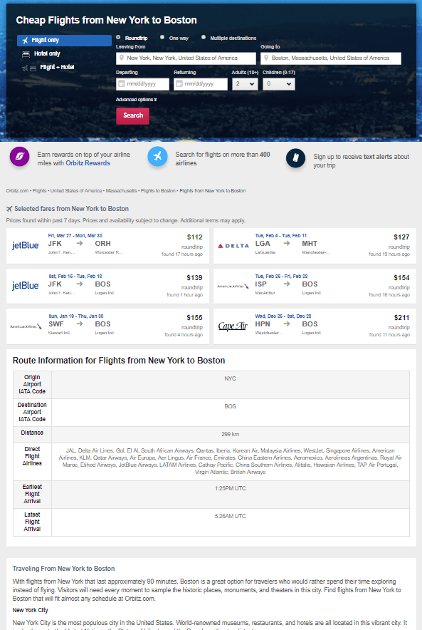 Orbitz has dedicated landing pages for hundreds of their deals and packs them with all useful information that a traveler may need: a bookin