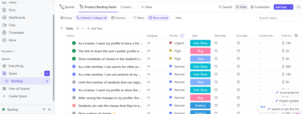 ClickUp backlog view