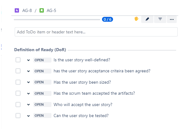 A DoR checklist in Jira