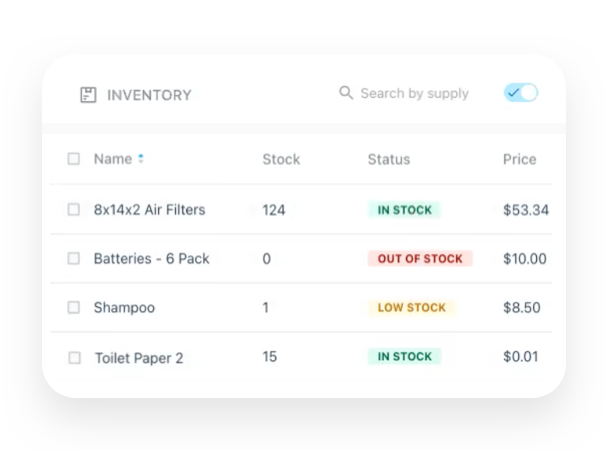 Inventory management solution showing stock info of housekeeping items