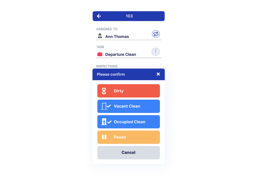 Housekeeping staff assigning a status to a hotel room via Actabl’s mobile app