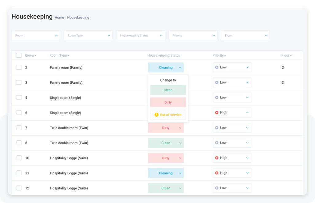 Housekeeping software showing the status of various hotel rooms.