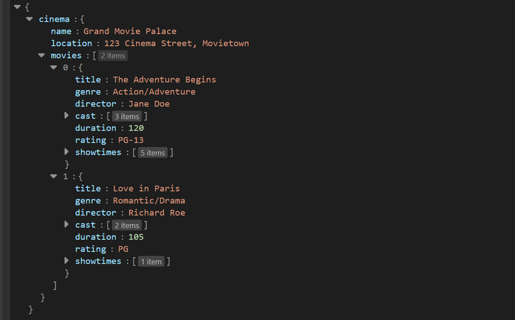 Sample JSON data of different movies in a cinema