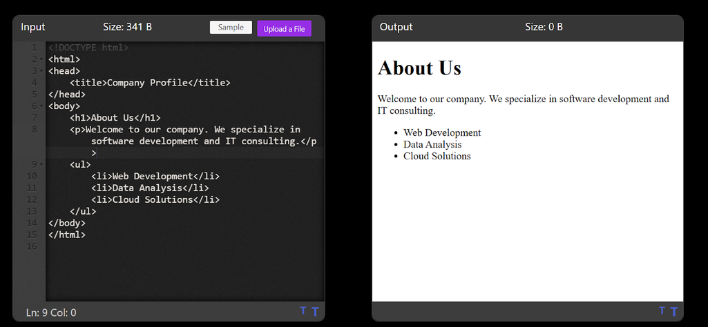 Sample HTML markup for a company’s “About Us” page