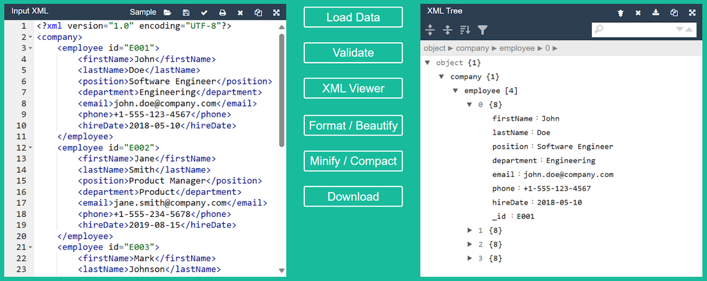 Sample XML data of employees in a company