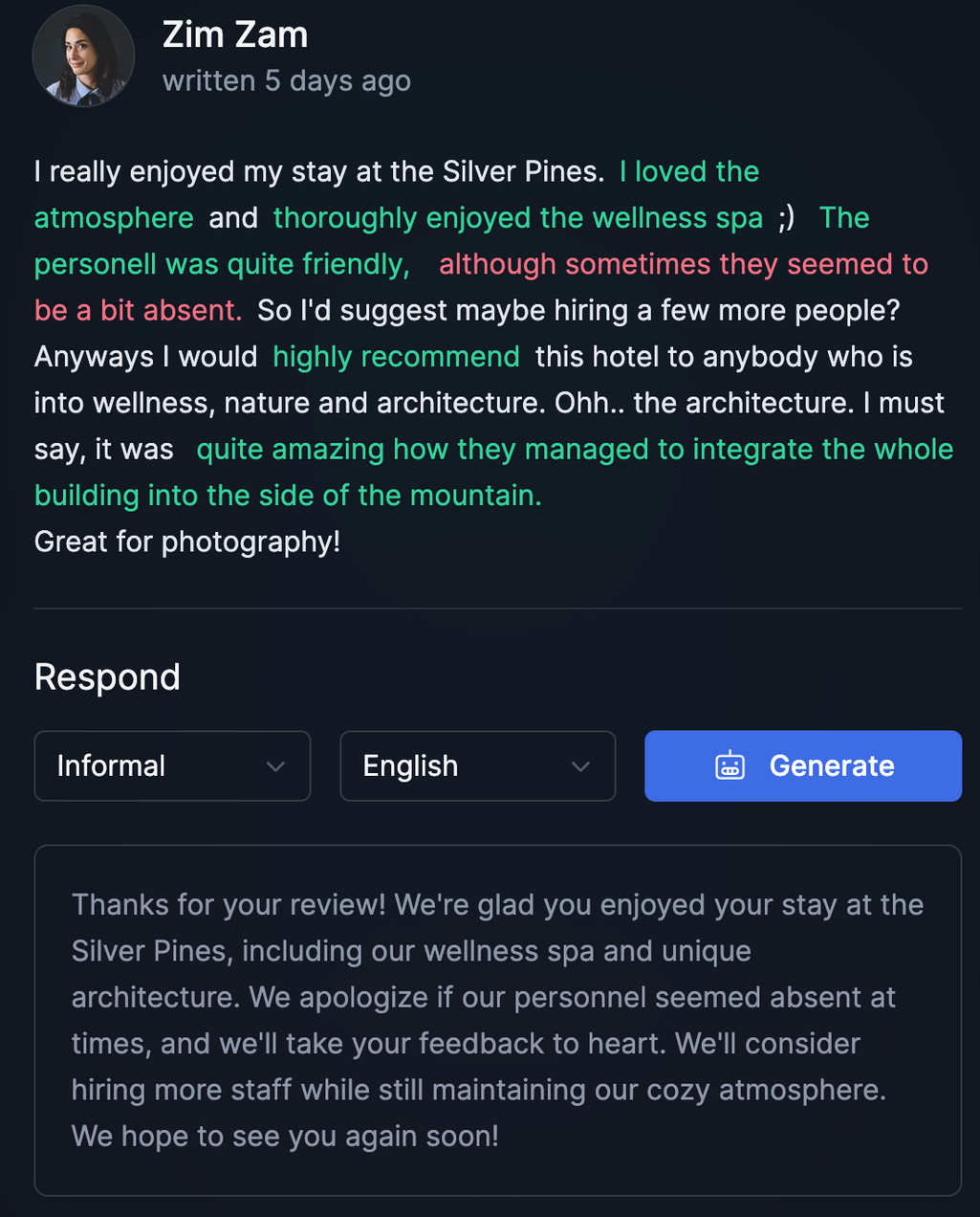 Example of the AI review reply system. Source: Hotellistat