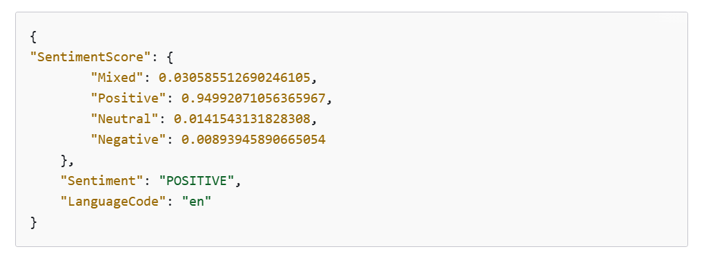 An example of the response from the DetectSentiment operation. 