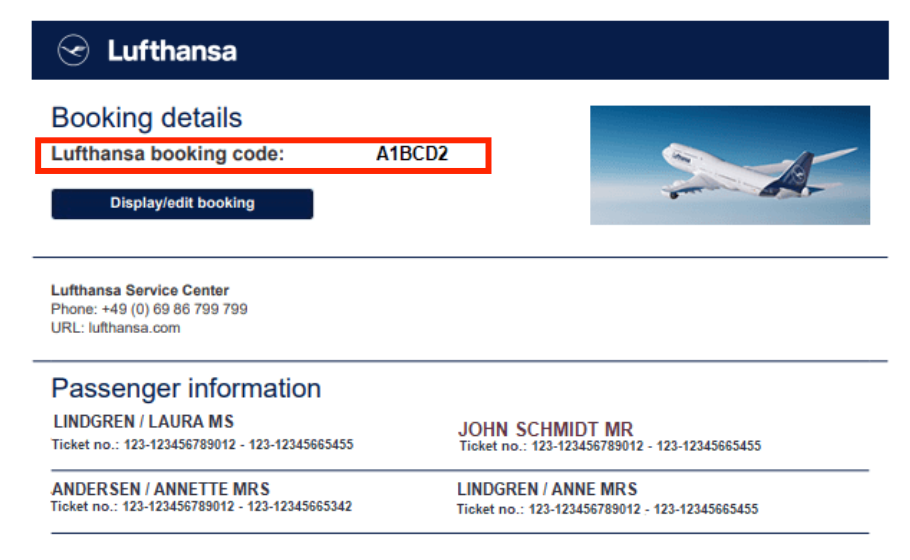 An example of a PNR code found in a booking confirmation email from Lufthansa.