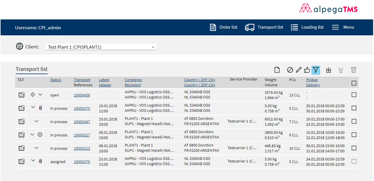 Transport list interface within Alpega TMS. Source: Capterra